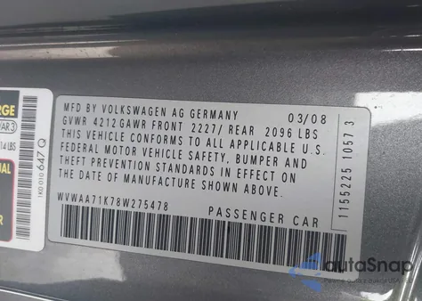 2008 Volkswagen Rabbit S from USA, damaged, VIN WVWAA71K78W275478